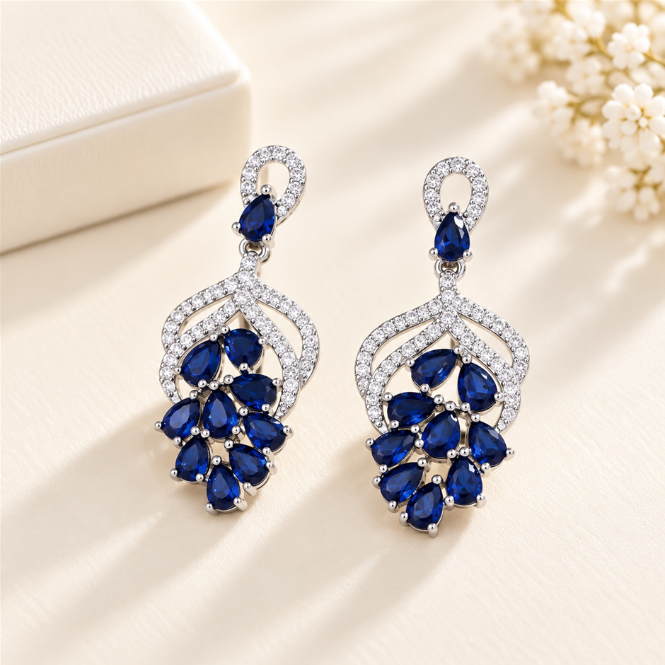 Blue AAA+ Cubic Zirconia Grape Cluster Drop Earrings