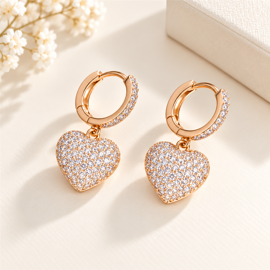 White AAA+ Cubic Zirconia Heart Huggie Earrings