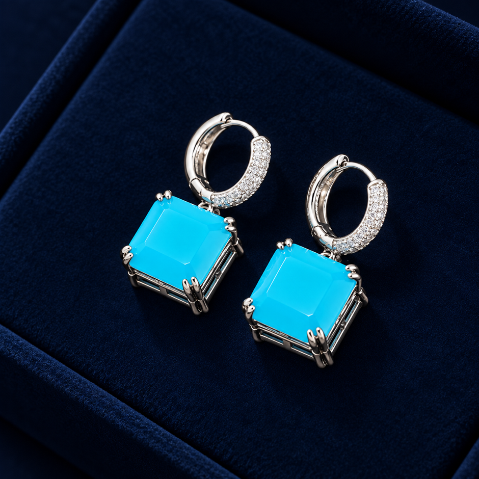 Blue Princess-Cut AAA+ Cubic Zirconia Drop Earrings