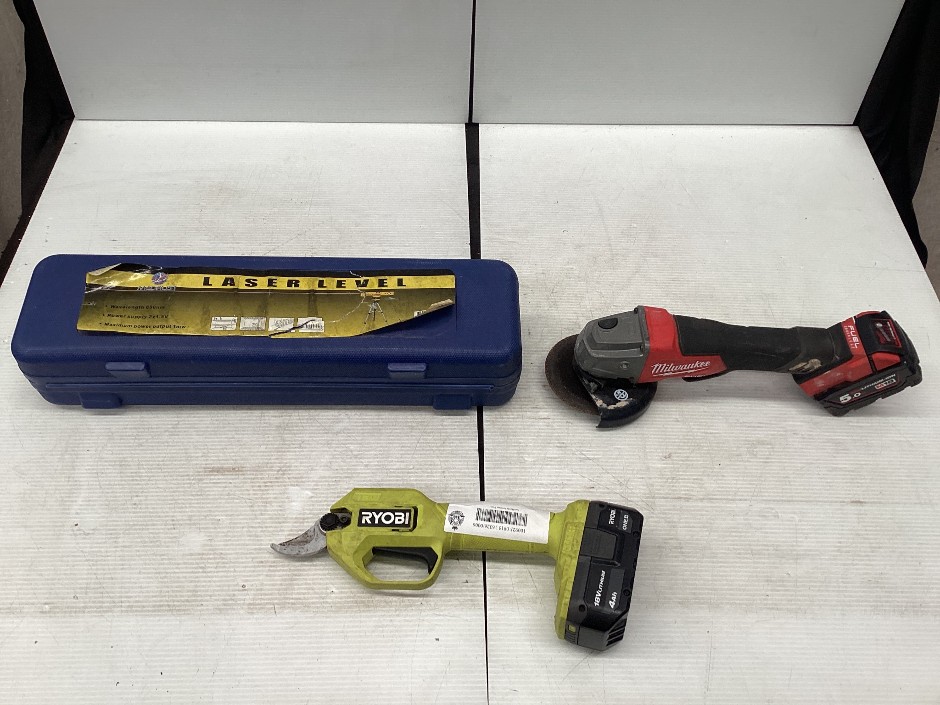 Milwaukee M18 FAG125XPD 125mm Angle Grinder, Ryobi Secateurs, Laser Level