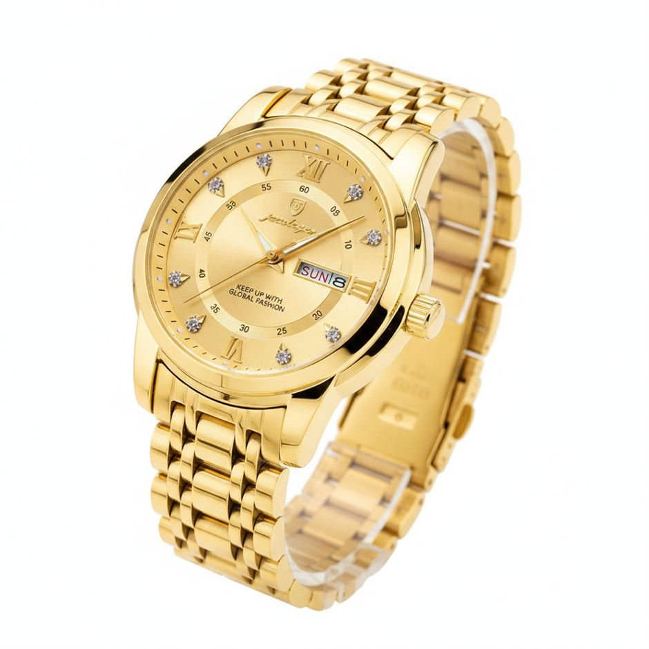 POEDAGAR Men's Blue Dial Two-Tone Day Date Quartz Watch with Presentation