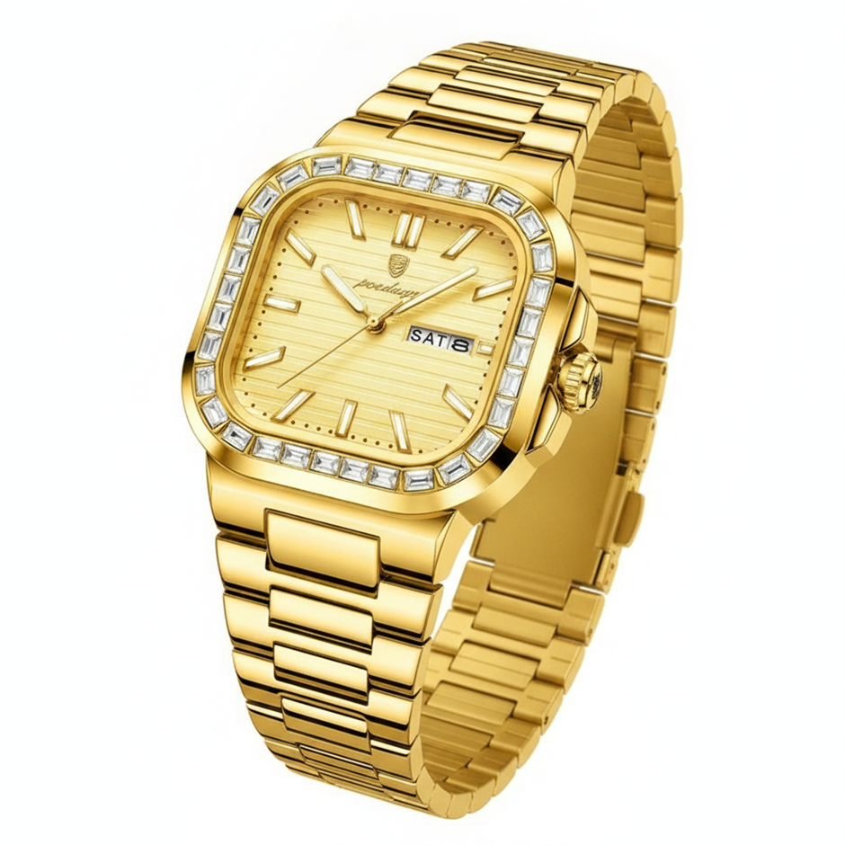 POEDAGAR Men's Gold-Tone Watch with Simulated Diamond Bezel & Premium Gift