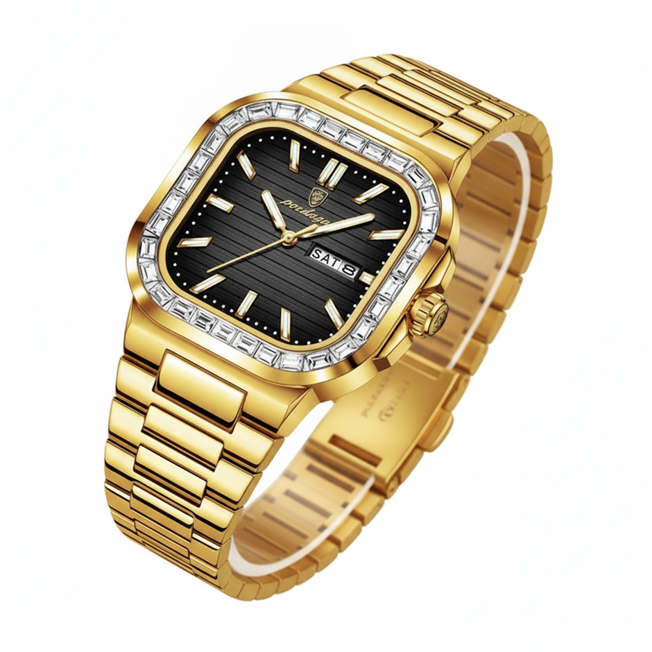 POEDAGAR Men's Gold-Tone Watch with Simulated Diamond Bezel & Premium Gift