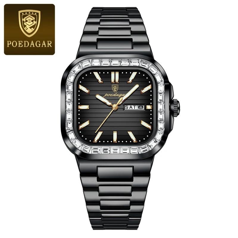 POEDAGAR Men's Black Simulated Diamond Watch with Premium Gift Box
