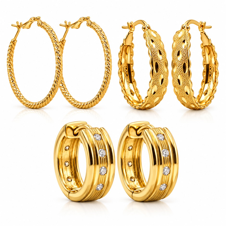 Jewelz Merchants Black Friday Special – 3 Pairs Gold-Plated Hoop Earrings