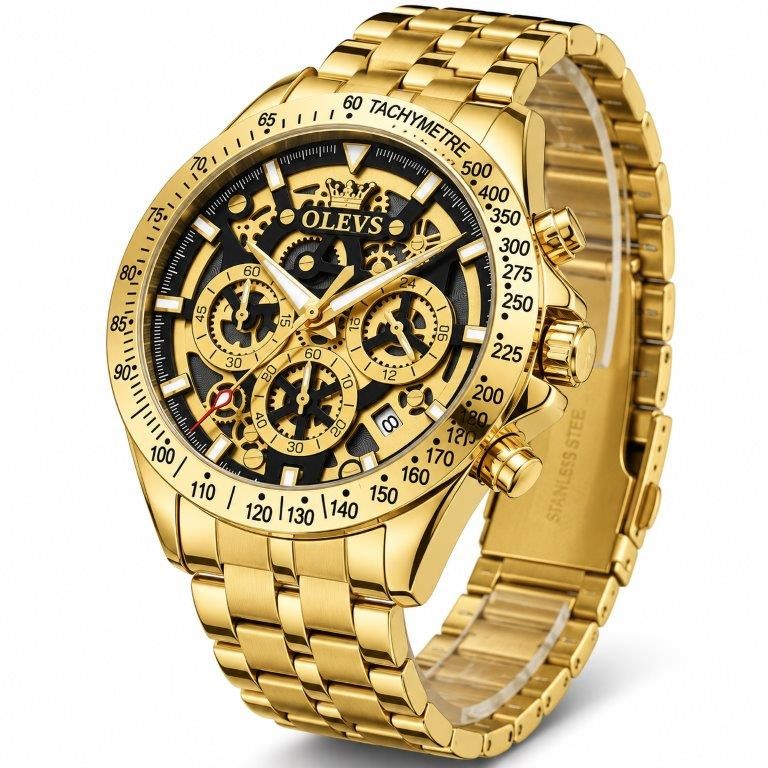 Luxury OLEVS Skeleton Gold-Tone Men's Watch with Premium Presentation Box