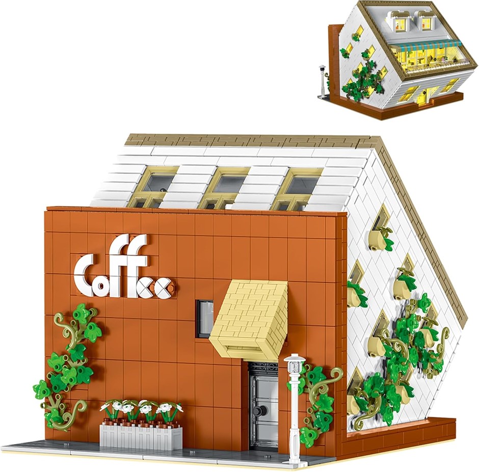 XMORK City Coffee Shop Building Blocks Set, 3118 PCS Cafe with LED Light