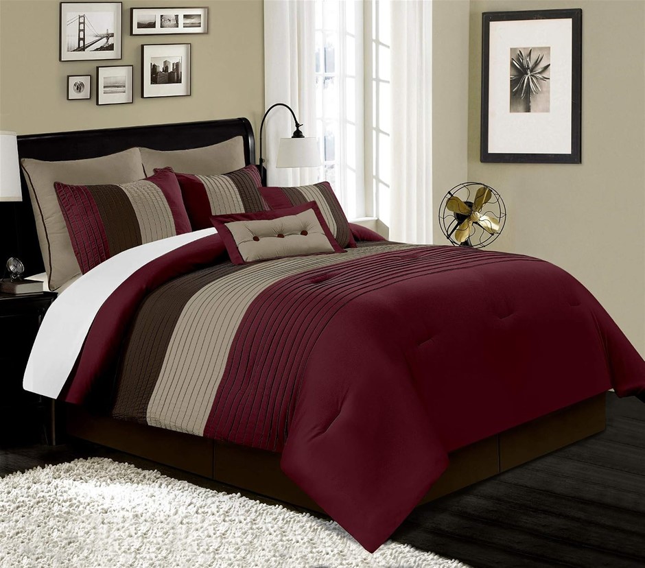 CHEZMOI Collection Loft 8-Piece Luxury Striped Comforter Set (Queen, Burgun