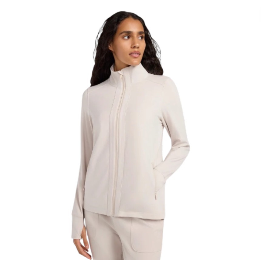 MONDETTA Women's Relaxed Soft Luxe Yoga Jacket, Size M, Pumice Stone Beige.