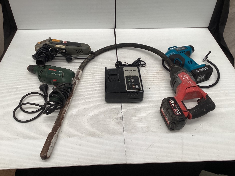 Rok Cordless Air Pump, Bosch Drill , Rockwell grinder, Milwaukee Concrete vibrator