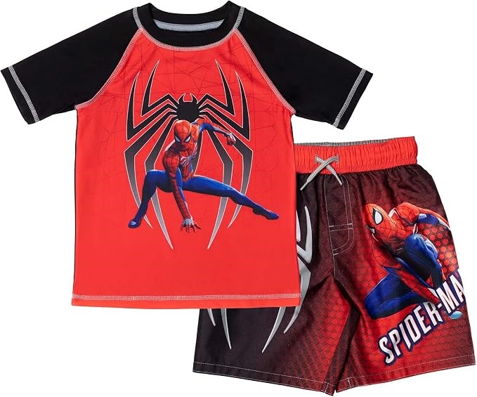 Marvel Avengers Legends Spiderman Big Boys Rash Guard Swim Trunks Set Red/B