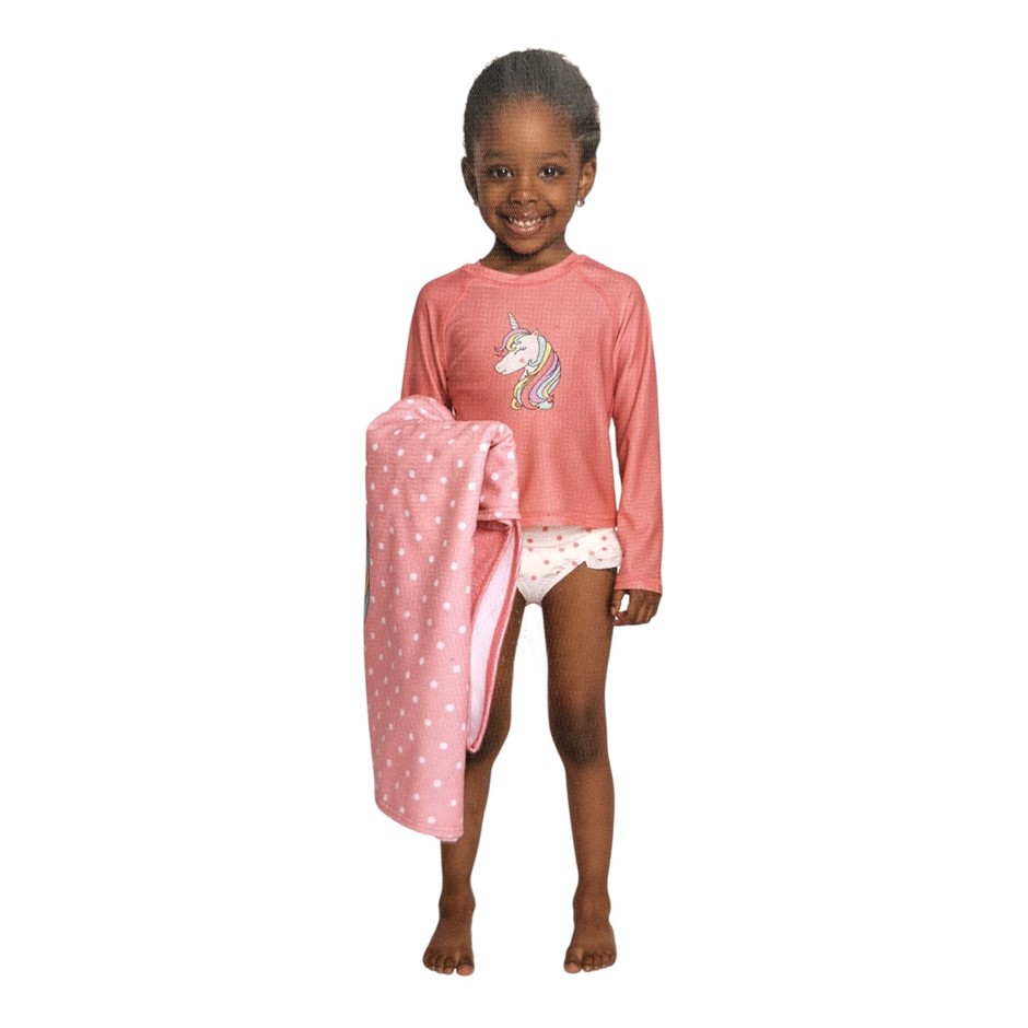 PEKKLE Kids' 3pc Rashguard Set, Size 5, Pink Unicorn, Incl: Rashguard, Brie