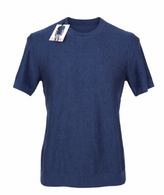 SABA Men's Knitted Textured Tee, Size S, 100% Cotton, Denim Blue, AG24804.