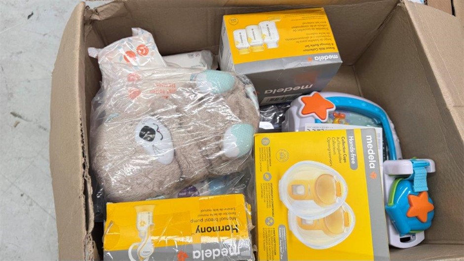 Assorted Box of Baby Items incl: Medela Pumps and more. NB: Items may not b