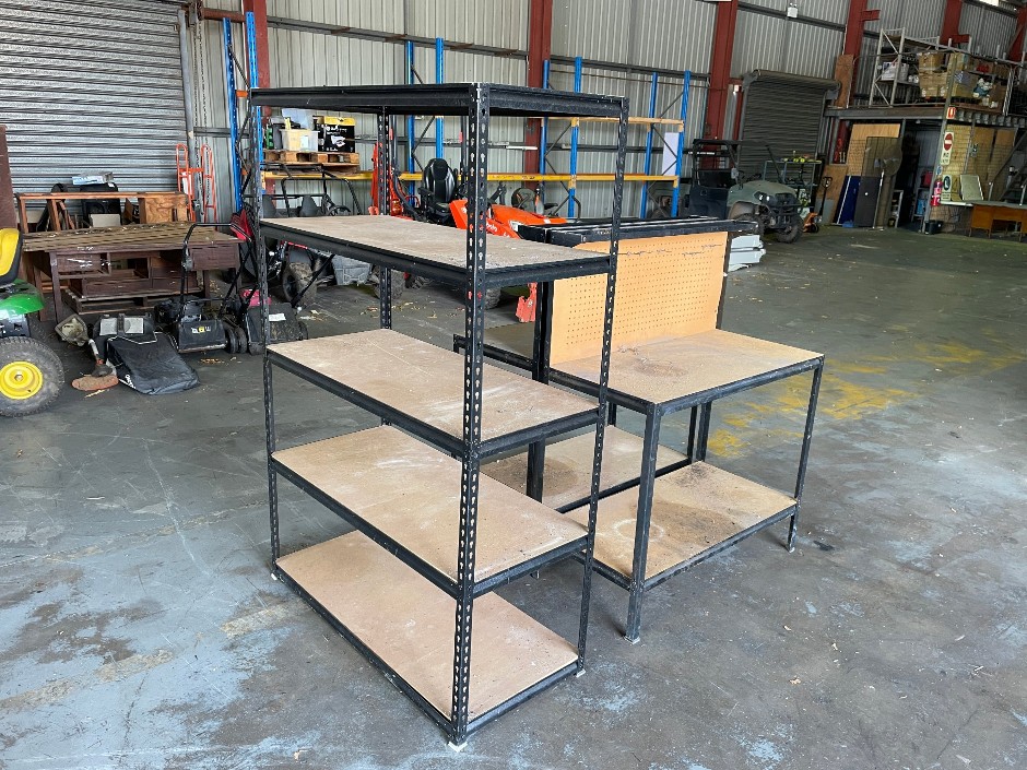 Metal Shelving Unit and Workbench with Pegboard x 2