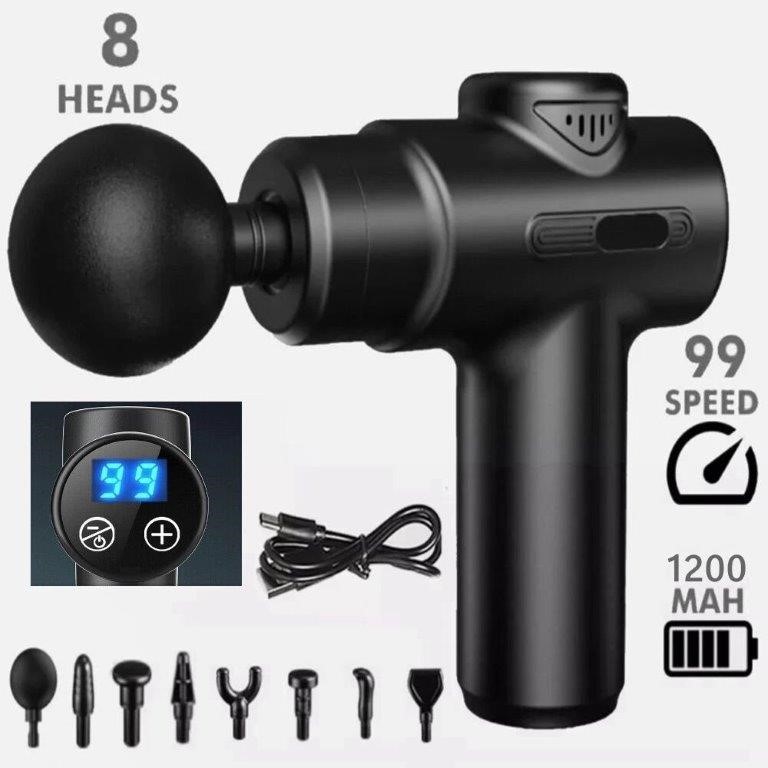 Deep Tissue Massage Gun – LCD Display, 8 Heads
