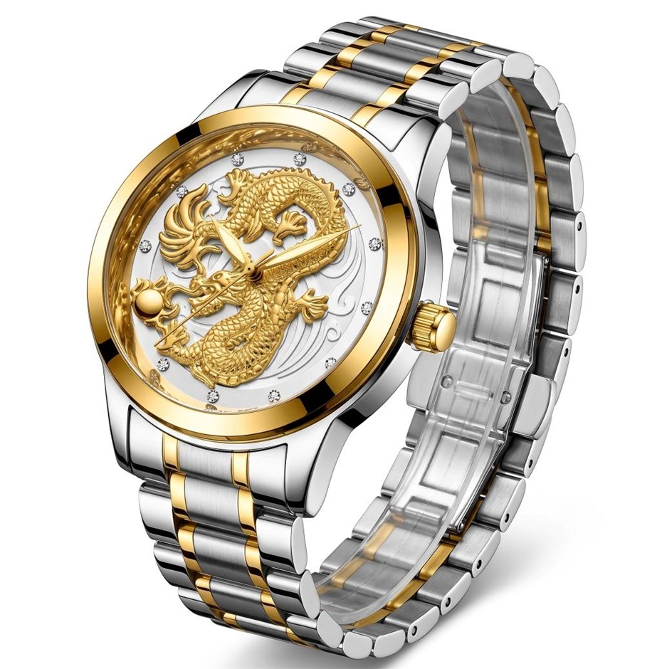 Jewelz Merchants Men’s Luxury Two-Tone Gold Dragon Dial Waterproof Watch