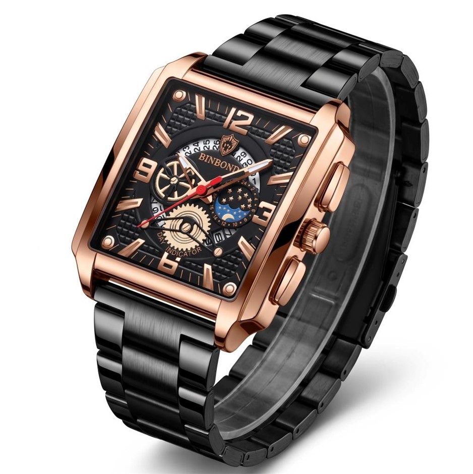 Jewelz Merchants Men’s Luxury Black & Rose Gold Square Waterproof Watch