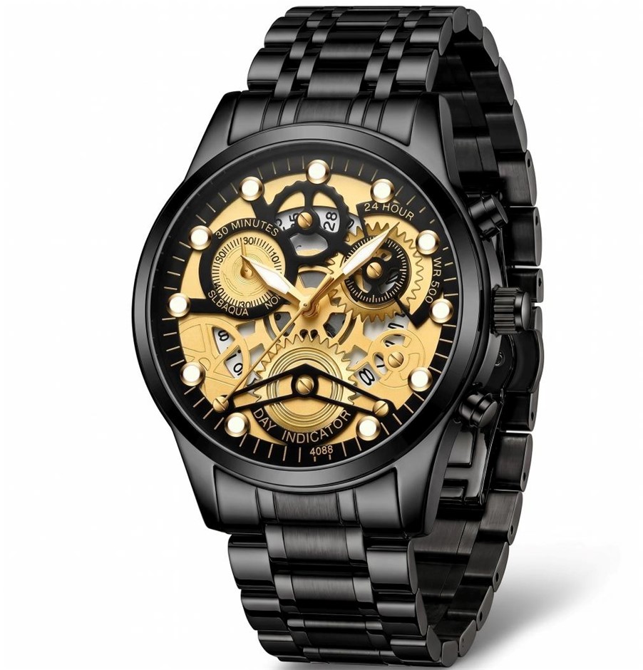 Jewelz Merchants Men’s Luxury Black & Gold Skeleton- Waterproof Watch