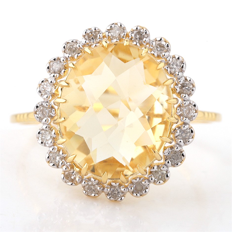 Yellow Gold 3.60ct Oval Natural Citrine & Diamond Ring with Valuation