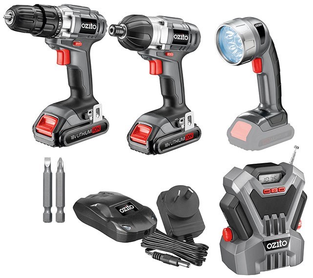 OZITO 4 Piece Cordless Combo Kit, 18V Comprising Drill Driver with 10mm