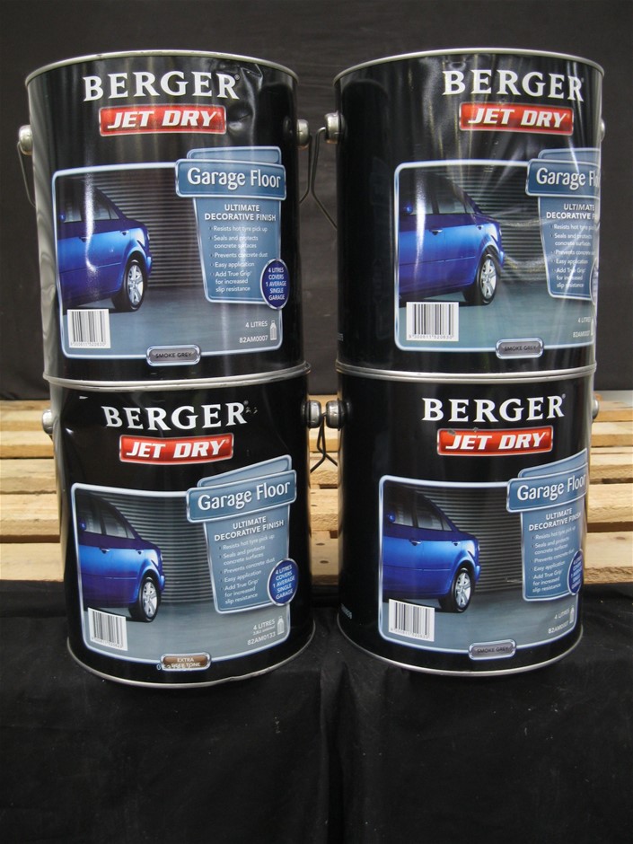 Qty 4 x Berger 4L Paint, Assorted Jet Dry Garage Floor