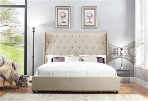 Queen Bed Frame in Beige Fabric Upholste