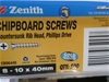 <B>Assorted Screws</B>
<li>Zenith, Chipboard Screws, Countersunk Rib Head,