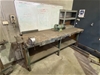 Steel Work Bench, Vice, Bench Grinder, Small Shelf, and Whiteboard